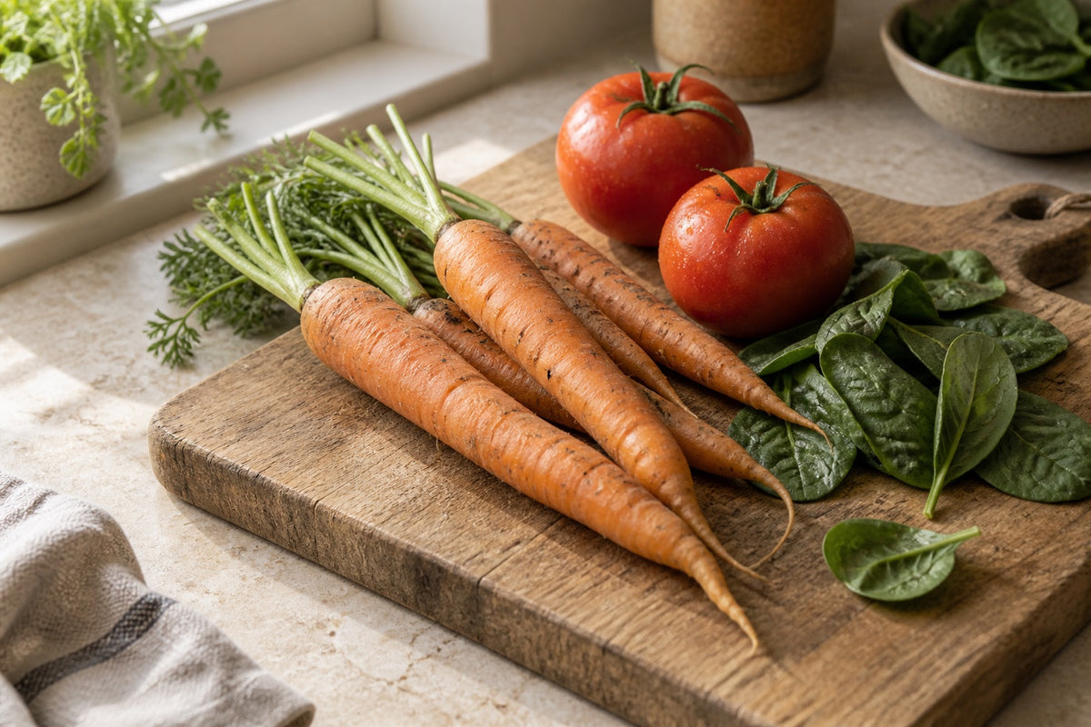 Illustratie van wortels, tomaten en spinazie op een houten snijplank